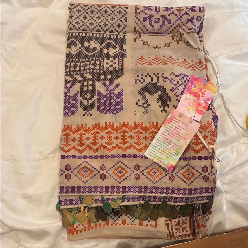 Embroidered Boho Scarf with Coin Fringe - Purple & Orange on Beige